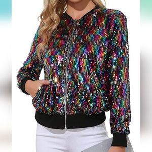 Rainbow Sequin Bomber Jacket by Kancy Kole-small EUC